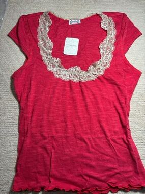 Free People Red Ribbed Scoop Neck Top with tan Lace